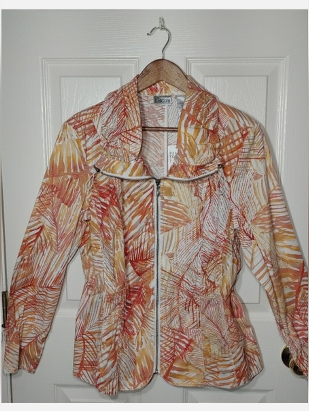 CHICO'S Orange and Cream Leaf-Print Utility Jacket